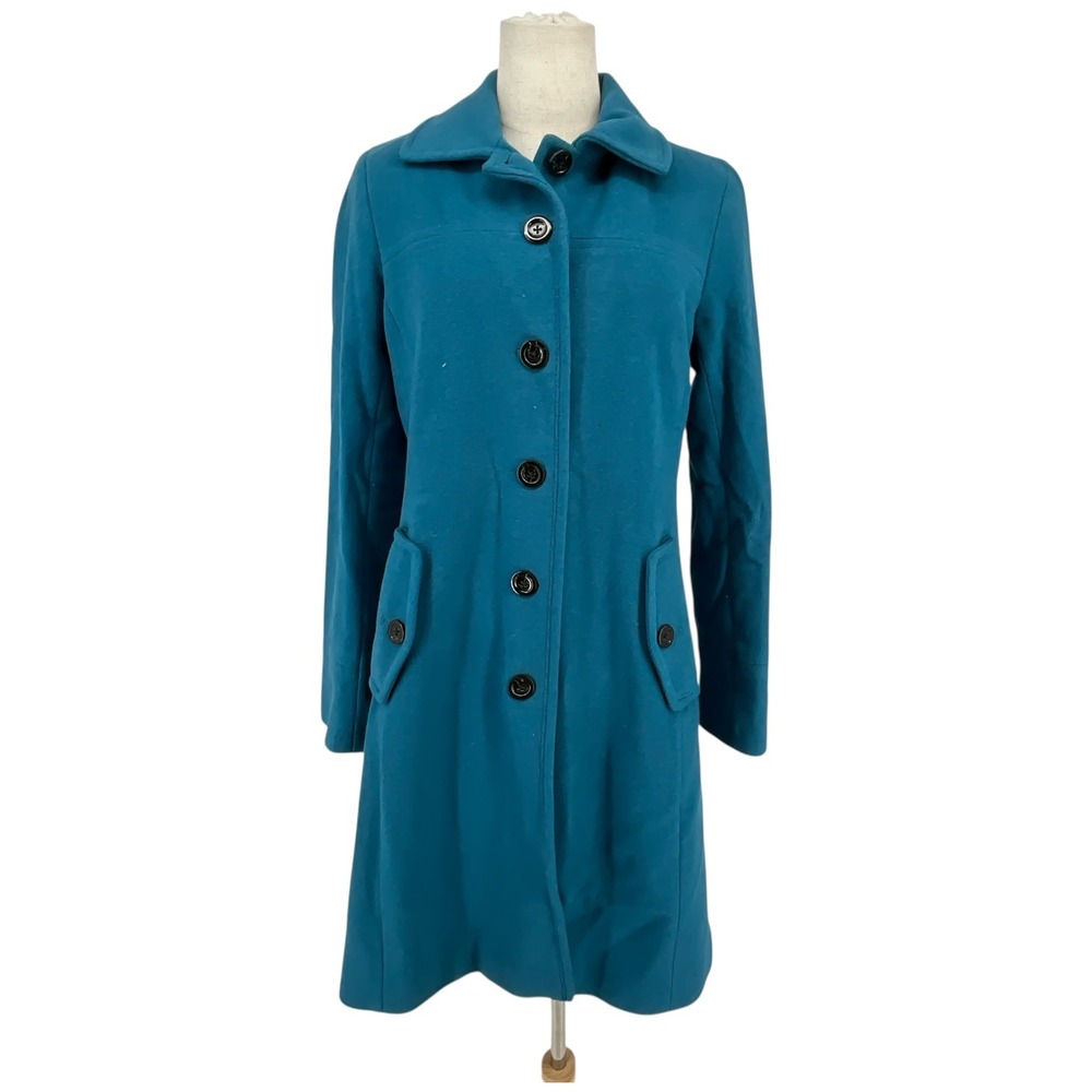 Lands End Womens Teal Blue Wool Cashmere Blend Button Front Mid Length Coat Sz 4